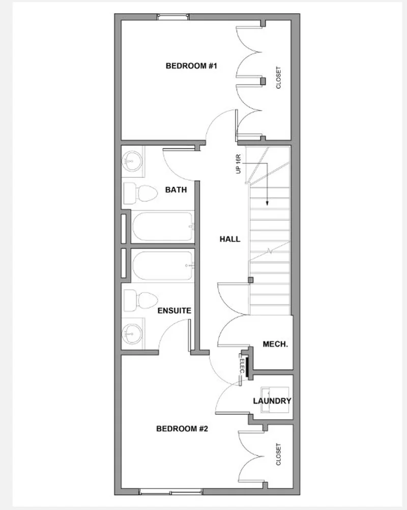 Lower floor plan of a Glenbrook Lower unit showing two bedrooms, bath, ensuite, hall, laundry, mechanical room, and closets