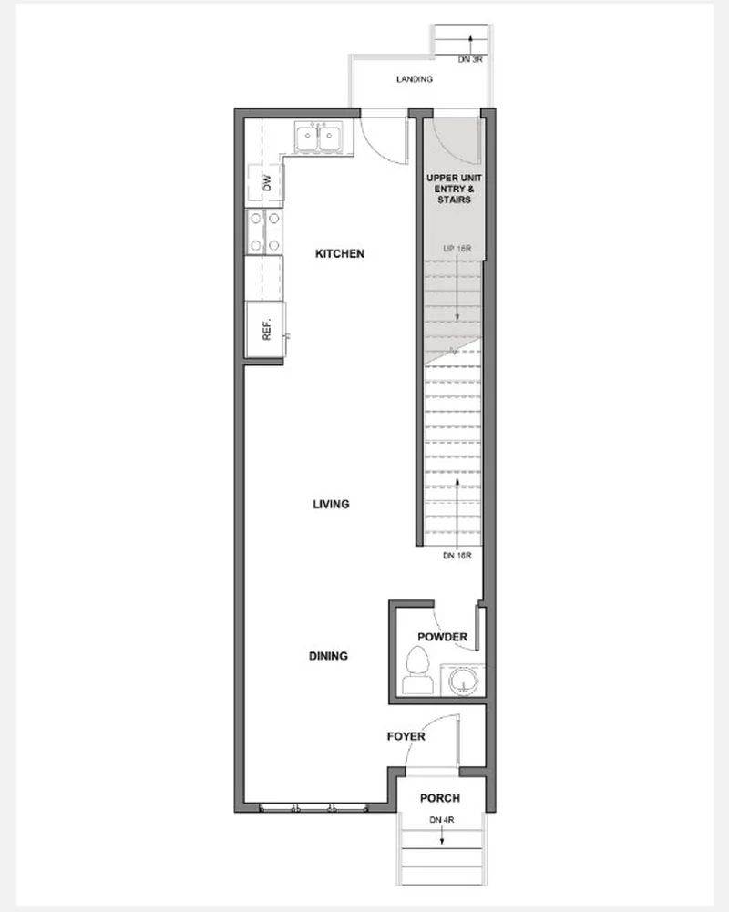 Main floor plan of a Glenbrook Lower unit showing kitchen, dining, living, powder room, foyer, and porch