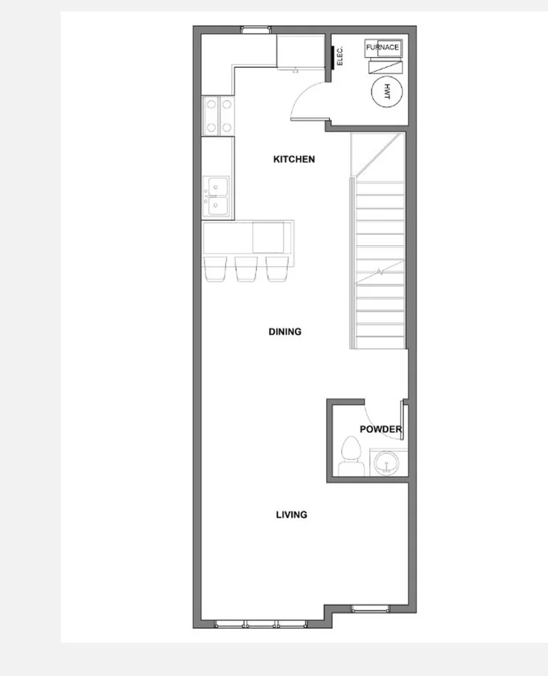 Main floor plan of a Glenbrook Upper unit showing kitchen, dining, living, powder room, furnace, and stairs