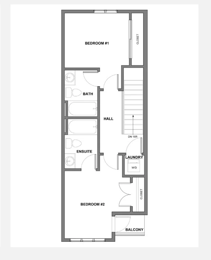 Upper floor plan of a Glenbrook Upper unit showing two bedrooms, bath, ensuite, hall, laundry, closets, and a balcony