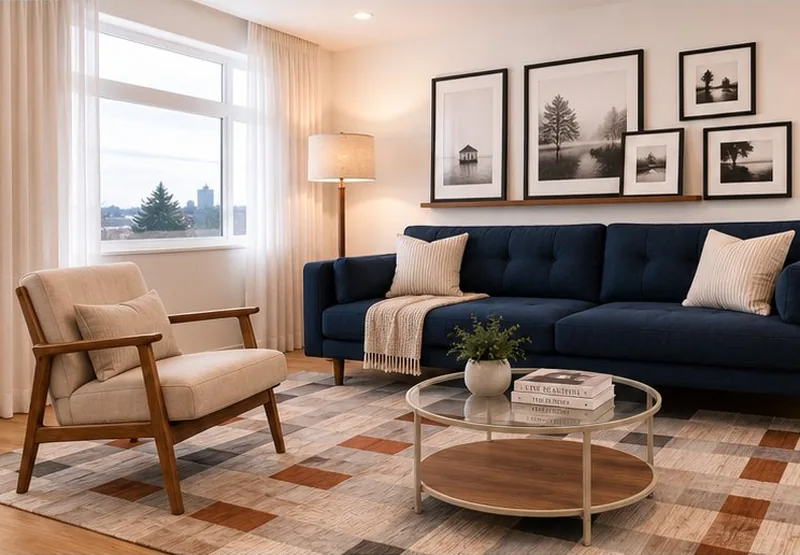 Staged living room in a PCH Urban Multi-level Home, featuring a navy sofa, accent chair, and gallery wall with a large window