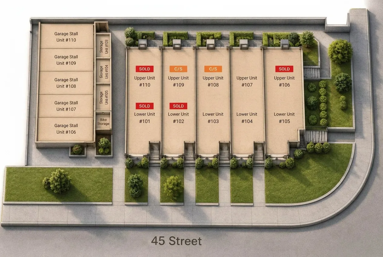 Glenbrook site plan showing Upper and Lower units along 45 Street, with sold and conditionally sold units marked, garage stalls and storage to the west